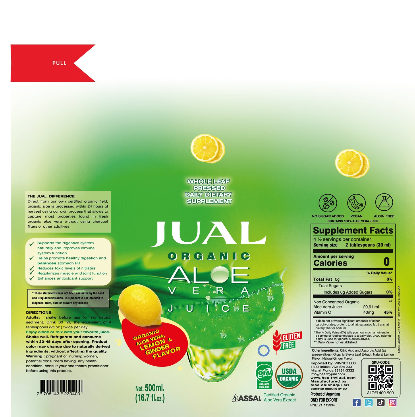 Organic Aloe Vera Juice - Lemon & Ginger Flavor